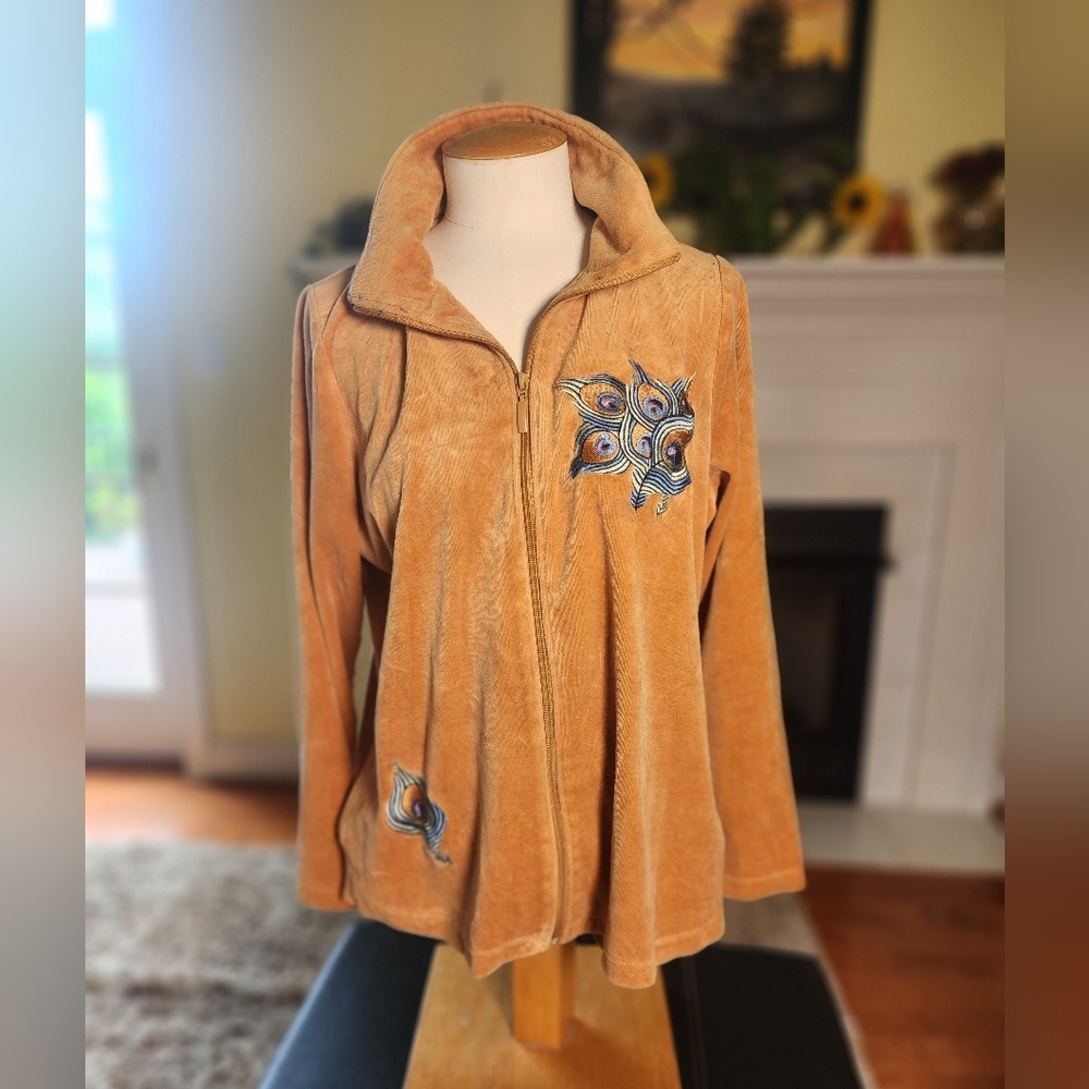 Vintage Velour Full Zip Embroidered Top Saz L
